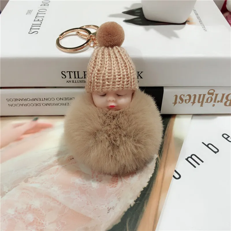 New Pompom sleeping baby keychain cute fluffy Plush doll Keychains Women Girl Bag keyrings Cars Key ring Jewelry Gift porte cl