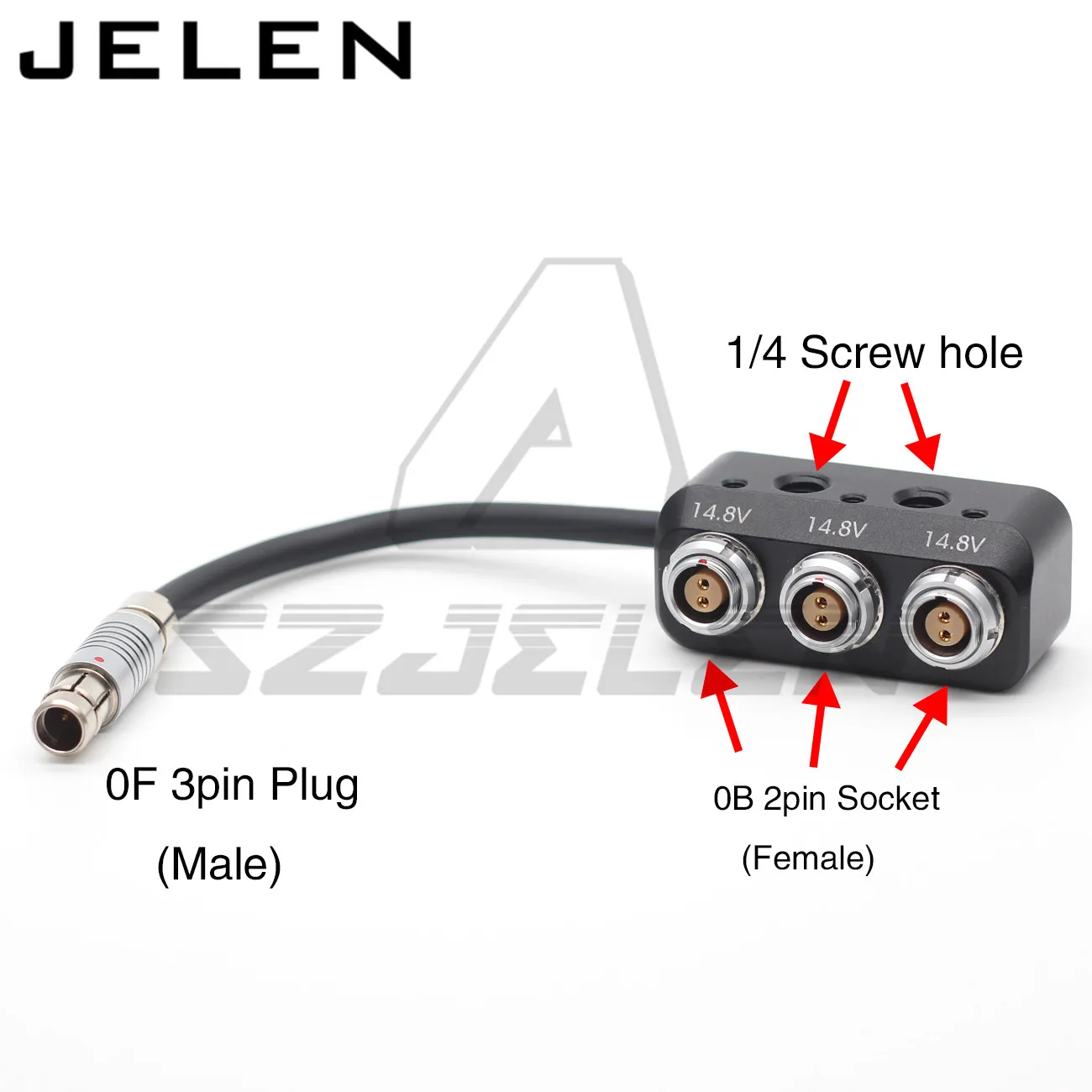 ARRI RS 3pin męski na 0B 2 pin kobieta piasta Splitter do zasilacz do kamery dystrybutora, trzy way splitter
