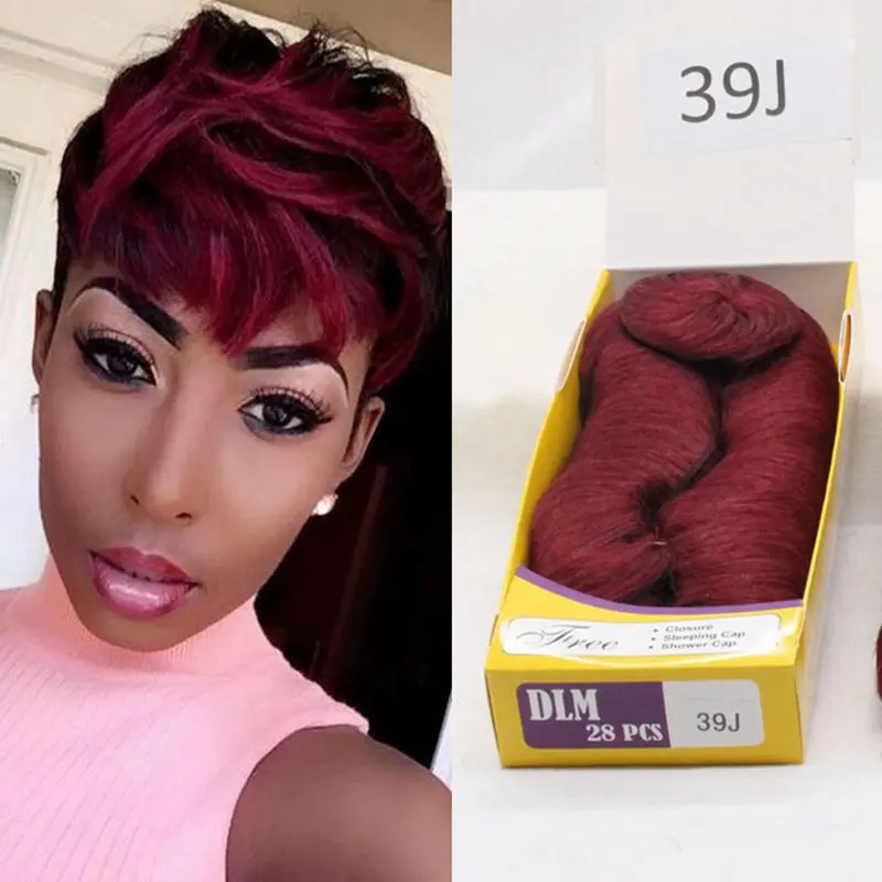 DLME – Extension de cheveux naturels pour femmes, tissage de couleur rouge, 27 pièces, court, multicouches, trame unique