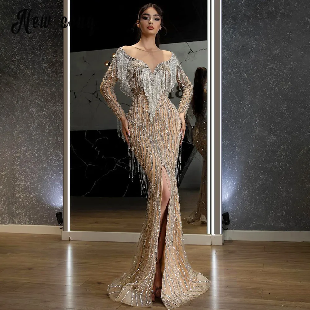 Luxury Crystals Deep V Neck Mermaid Evening Dress with Beading Tassle Women Wedding Formal Party Prom Gowns Graduation Dresses