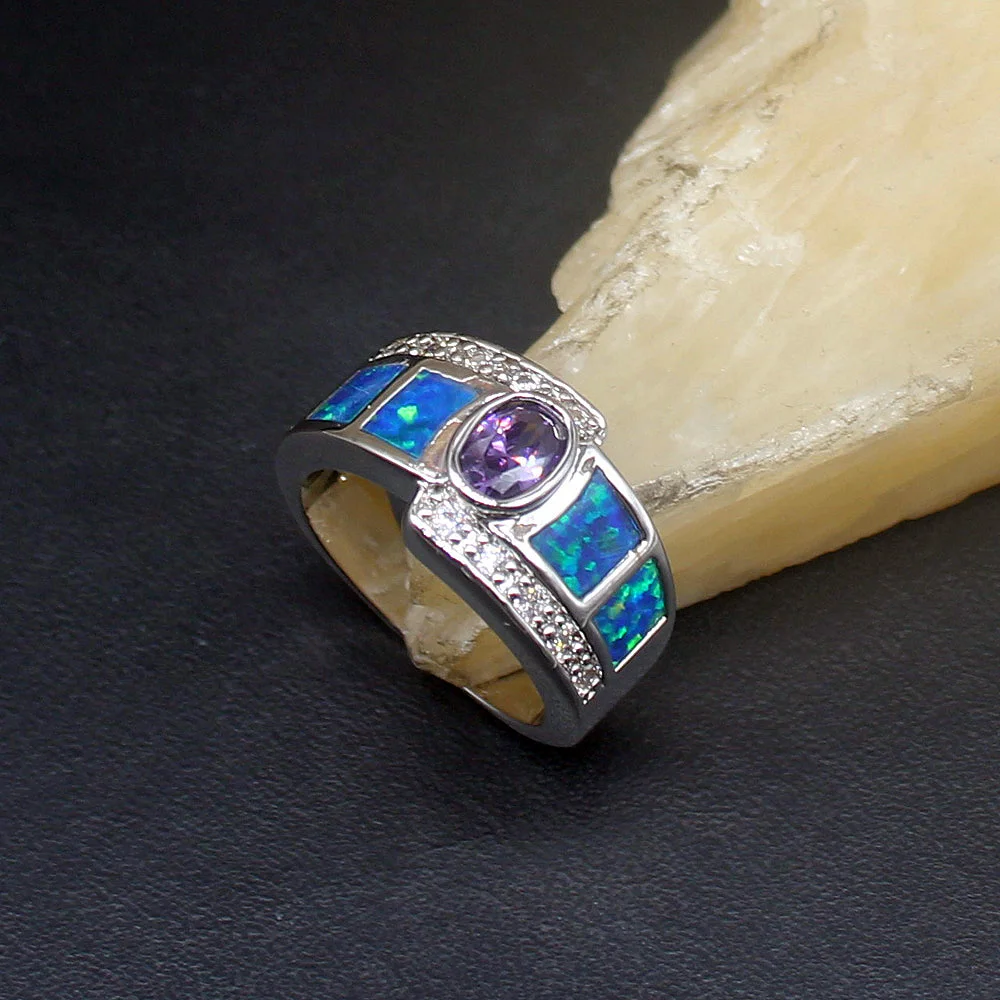 

Hermosa Gorgeous Blue Opal Amethyst Genuine 925 Silver Band Ring Wedding Engagement Gifts for Women Size 6.5# 20214327