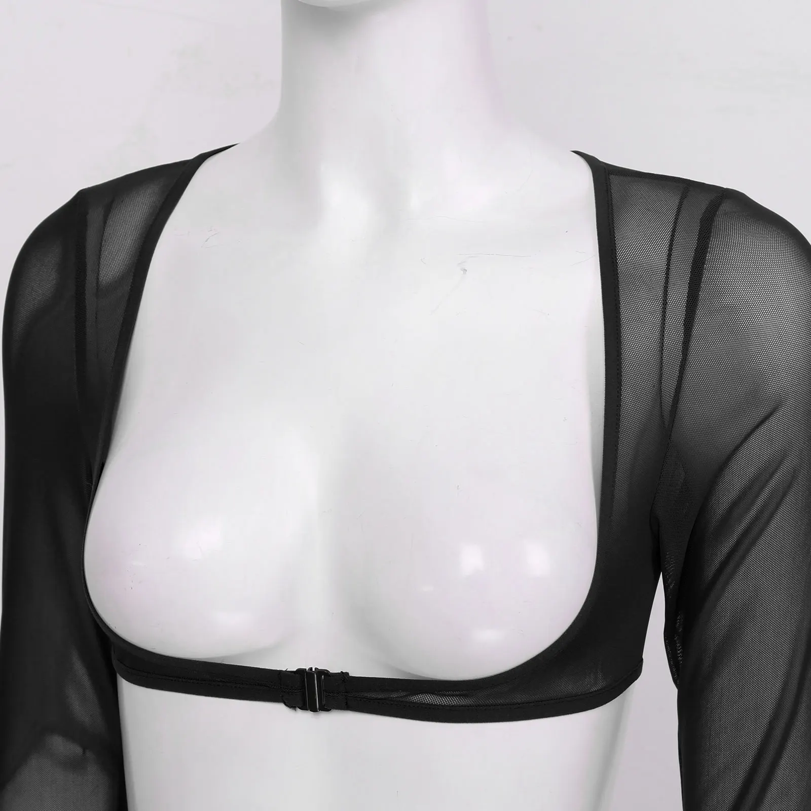 Women See-through Open Chest Gloves Tops Long Sleeve Open Front Buckle Mesh Crop Tops Ladies Leotard T-Shirts Tees for Nightclub