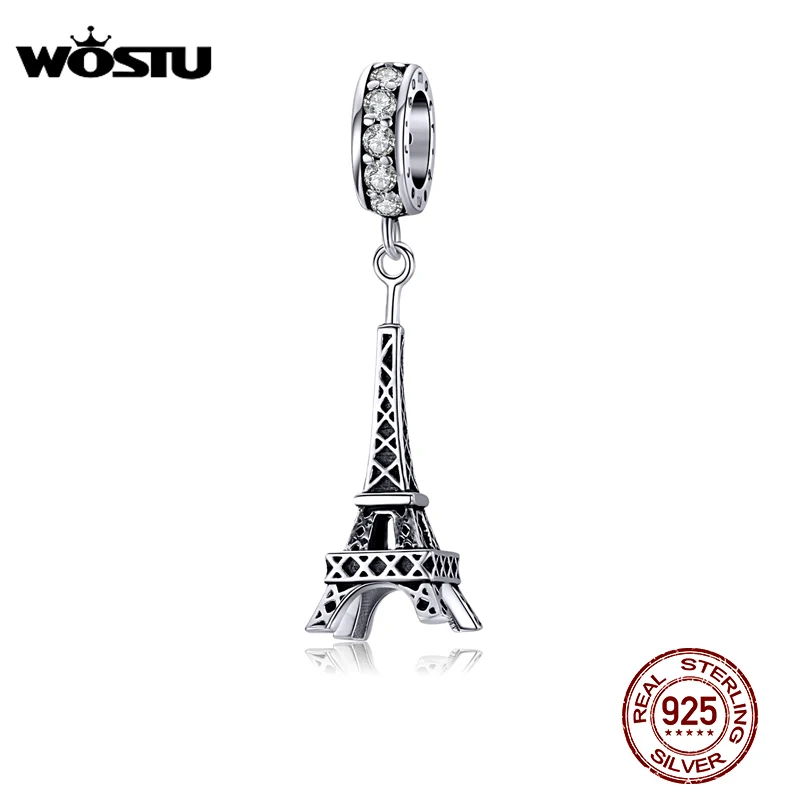 WOSTU Authentic 925 Sterling Silver Eiffel Tower Charms Zircon Openwork Beads Fit Original Bracelet Pendant Jewelry CTC154