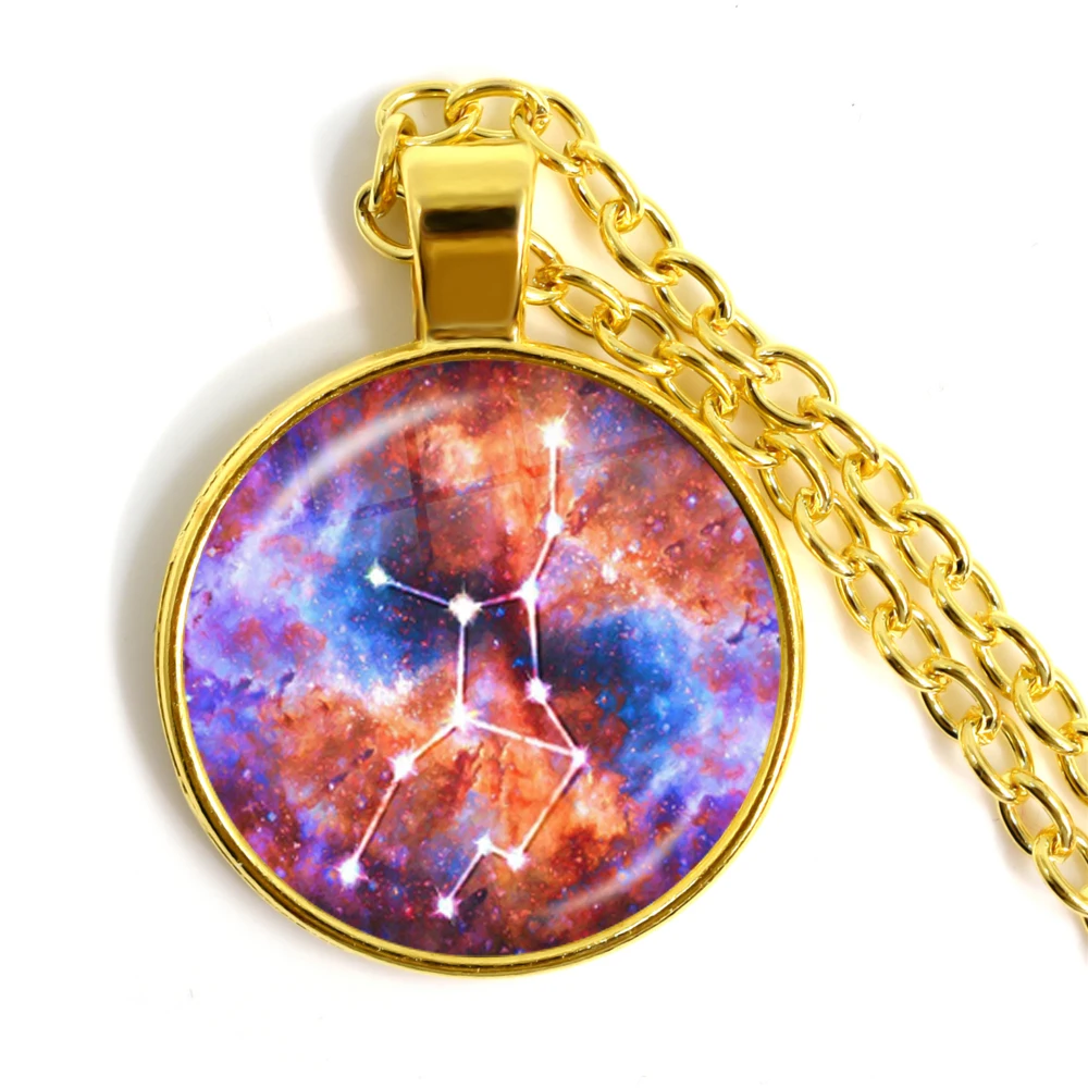 12 Constellations Pendant Necklace Zodiac Sign Glass Cabochon Pendant Jewelry For Women Libra Aries Leo Fashion Birthday Gift