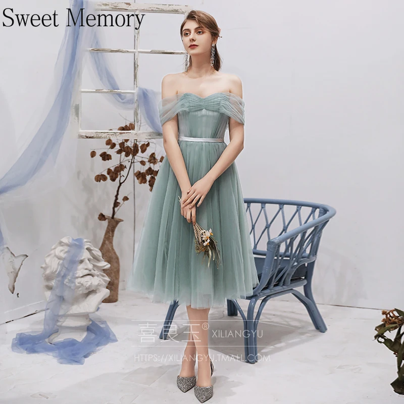 A070หญิง Vestidos Light สีเทาสีชมพู Aqua สีเขียวสำเร็จการศึกษาเดรสชุดราตรีผู้หญิง Tulle Gamis Pesta ชุดเดรสเพื่อนเจ้าสาว Sweet Memory