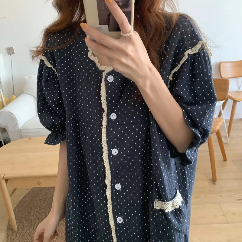 Baju Tidur Polka Dot Wanita Baju Tidur Longgar Kancing Sebaris Baju Tidur Katun Lembut Baju Tidur Pasangan Pakaian Rumah Vestidos