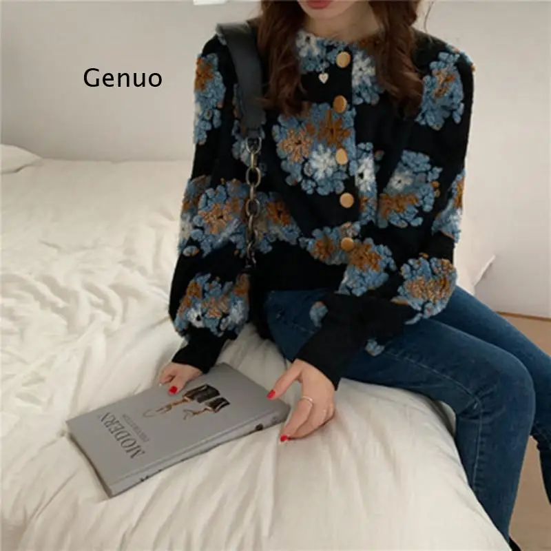 Korean Chic 3D Flower Plush Appliques Jackets Women Vintage O-Neck Single Breasted Coats Autumn Winter Lantern Sleeve Tops