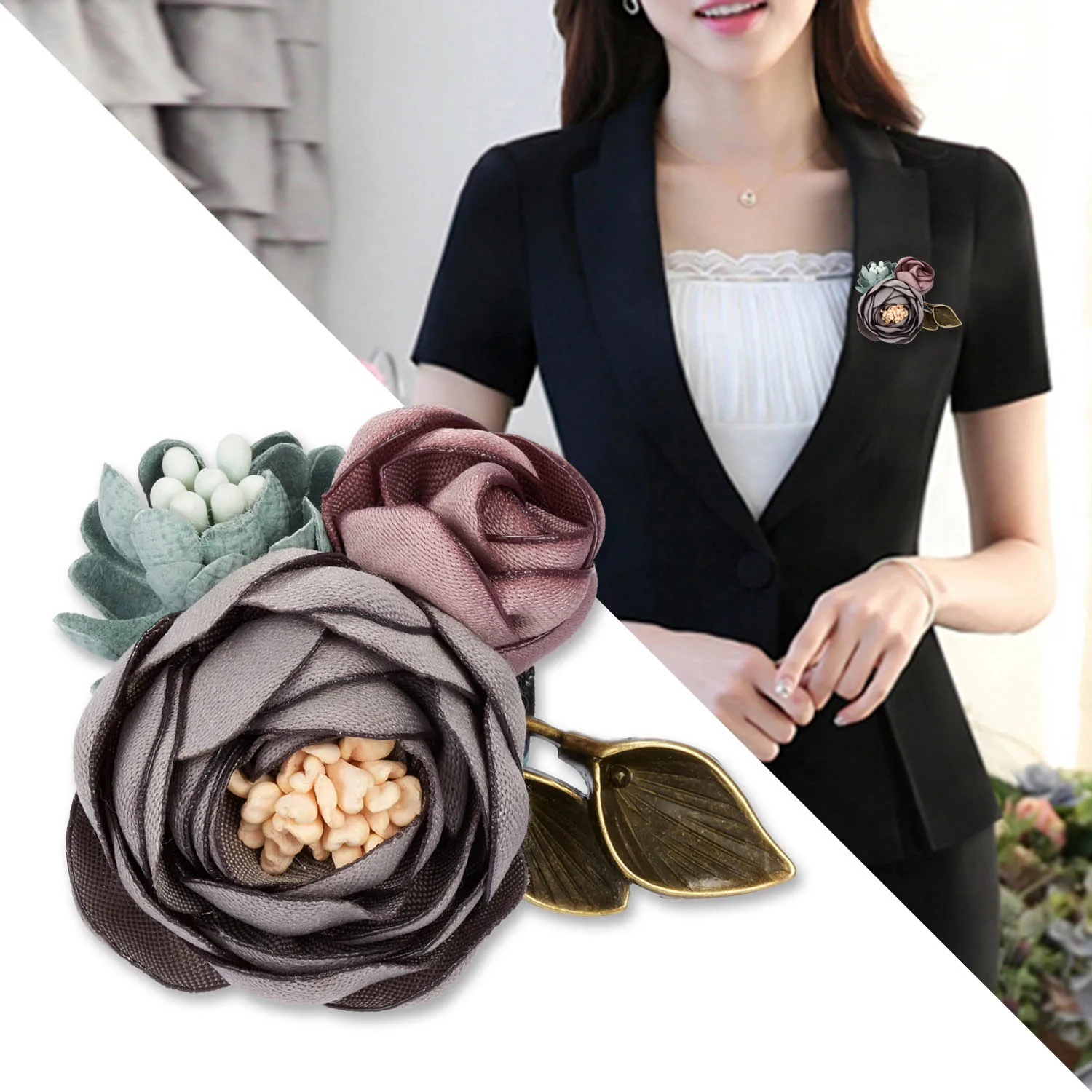 Rinhoo Korean Vintage Cloth Art Fabric Flower Brooch for Women Girl Fashion Crystal Cardigan Shirt Shawl Suit Badge Lapel Pins