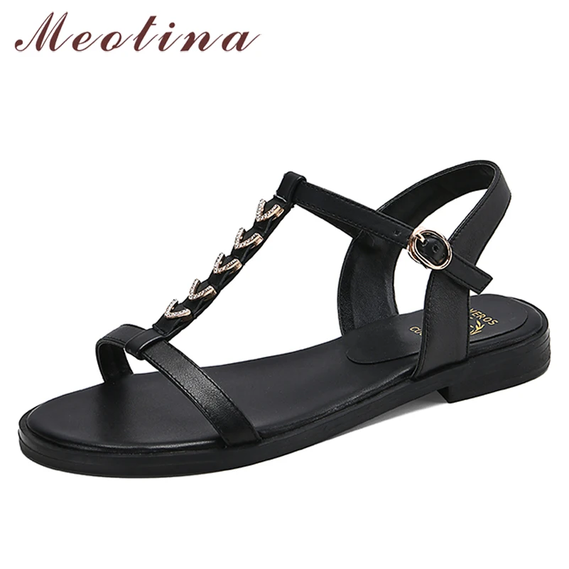Meotina Women Shoes Crystal Natural Genuine Leather Sandals T-Strap Flat Footwear Buckle Round Toe Female Sandals Large Size 43