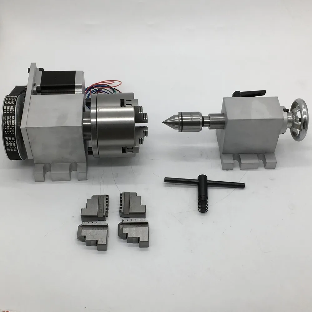 4 Axis Rotation A Axis Extend Rotary 4 Jaw 100mm K12-100 Chuck driver  Nema23 Motor &Tailstock for Wood Metal Plastic Milling