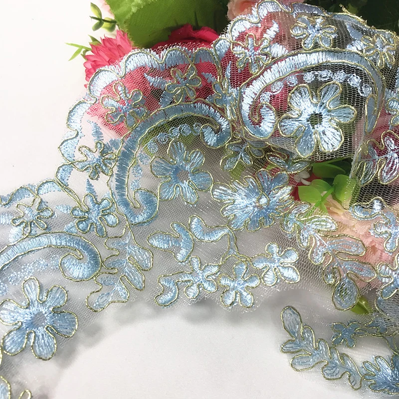 1Y 15CM Wide Embroidered Blue Flower Lace Ribbon Trims for Home Textiles Sofa Covers Trimmings Mesh Applique Sewing Lace Fabric