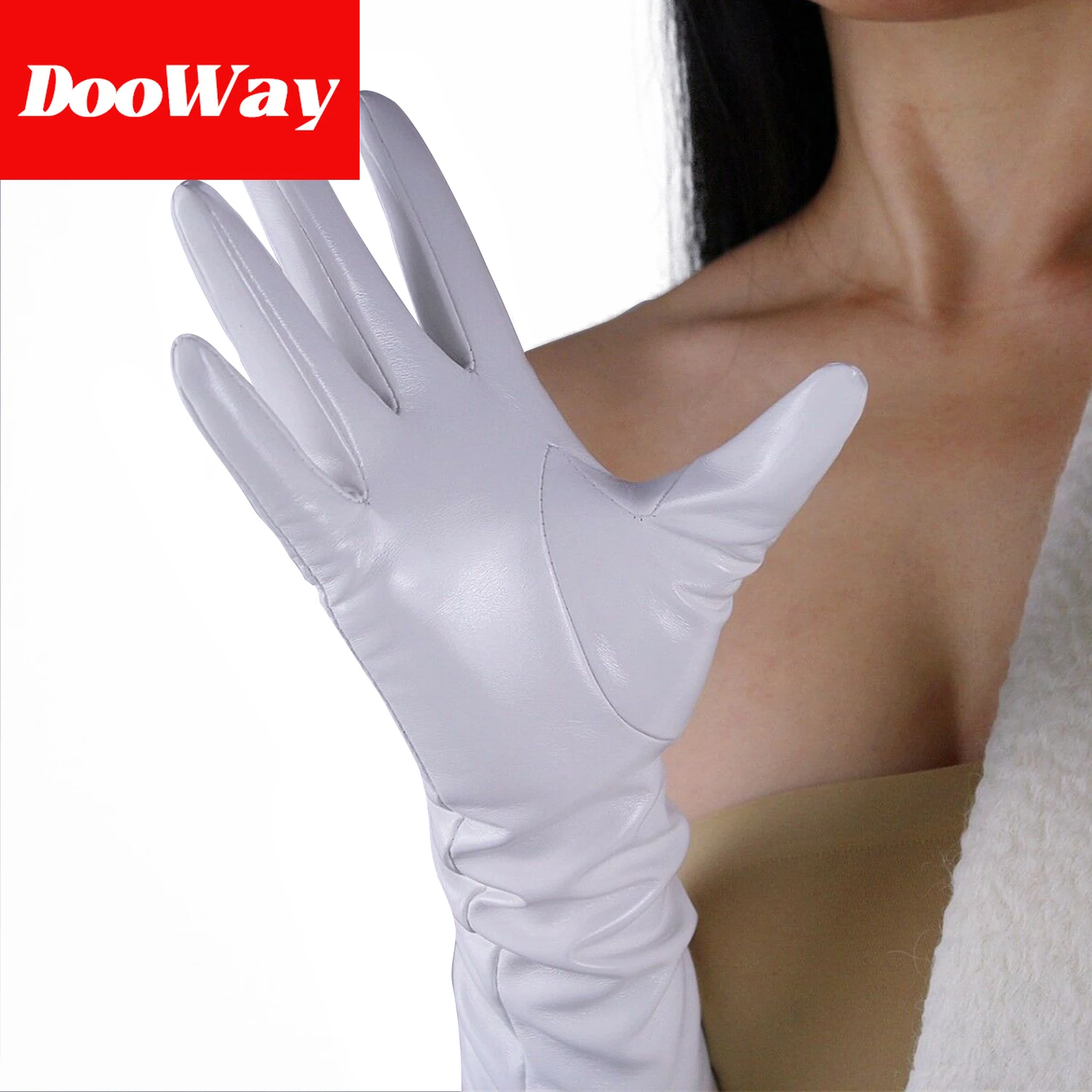 Dooway luva longa de látex da moda feminina fantasia de couro pu branca 20 polegadas