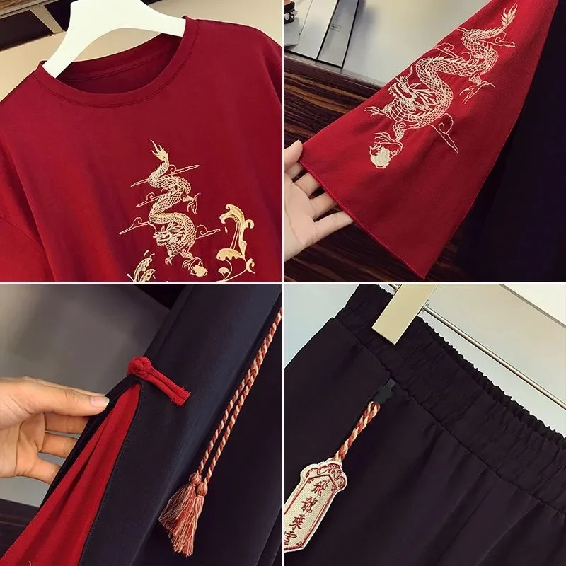 Estilo chinês bordado tang terno feminino casual camisa larga perna kung fu calças definir roupas orientais 2022 japonês harajuku