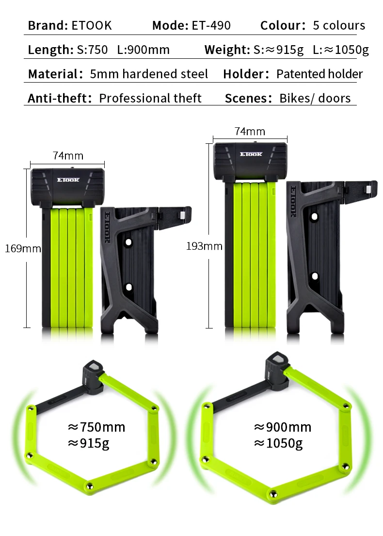 ETOOK Bicycle Lock Folding Chain Lock Anti-theft Scooter Motorcycle E-bike Joint Lock Anti-shear MTB Bike Lock Bike Accessories