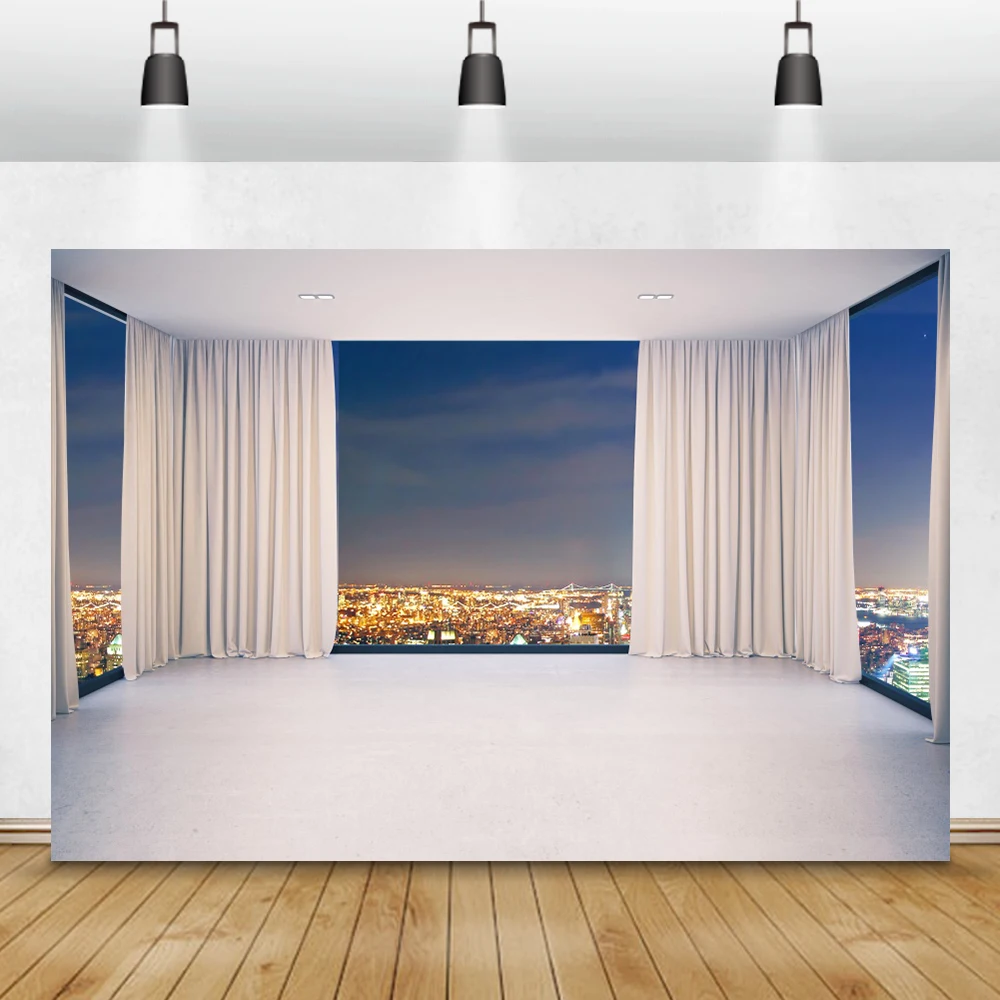 

Laeacco Night City Modern Buildings Curtain Window Interior Decor Photography Backdrops Photo Backgrounds For Video Photocall