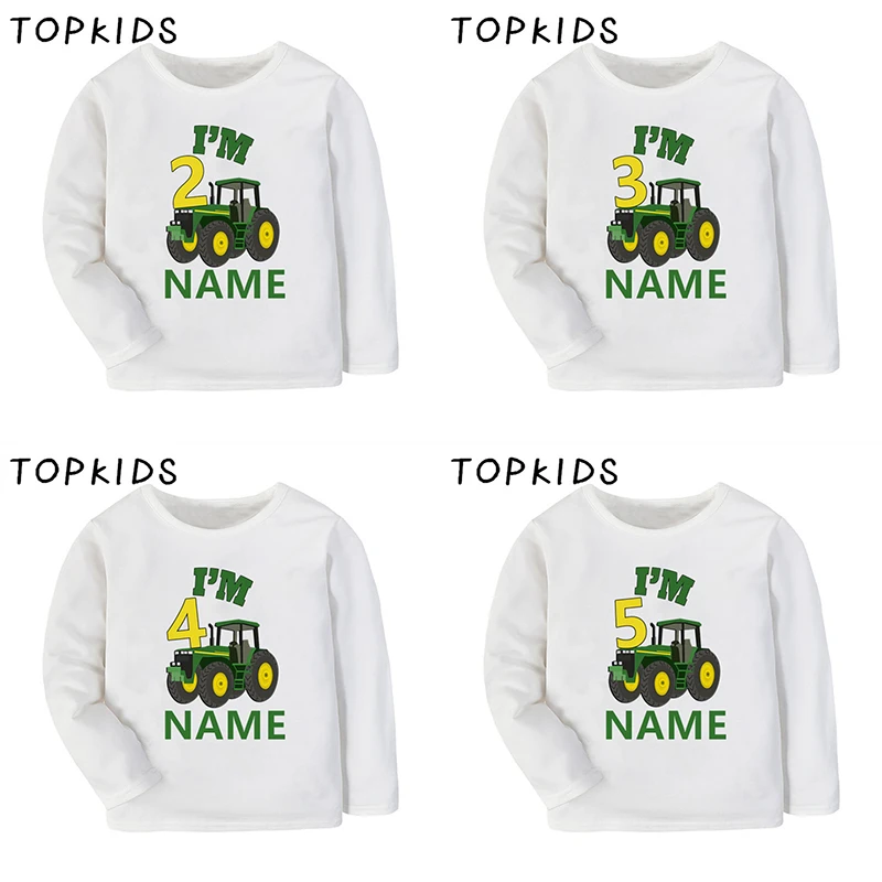 Farm Tractor Car Cartoon Boys T shirt 1 2 3 4 5 6 7 8 9 Years Birthday Customize Name Kids Long Sleeve T-shirts Girls Clothes