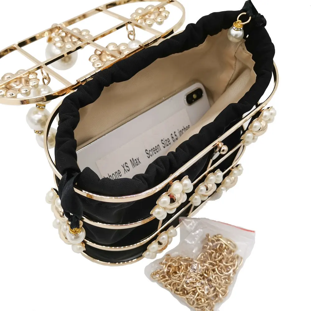 Bolso de mano de Metal con perlas y diamantes para mujer, bolsa de mano de 18x13CM con cadena y jaula de cerdo, a6197