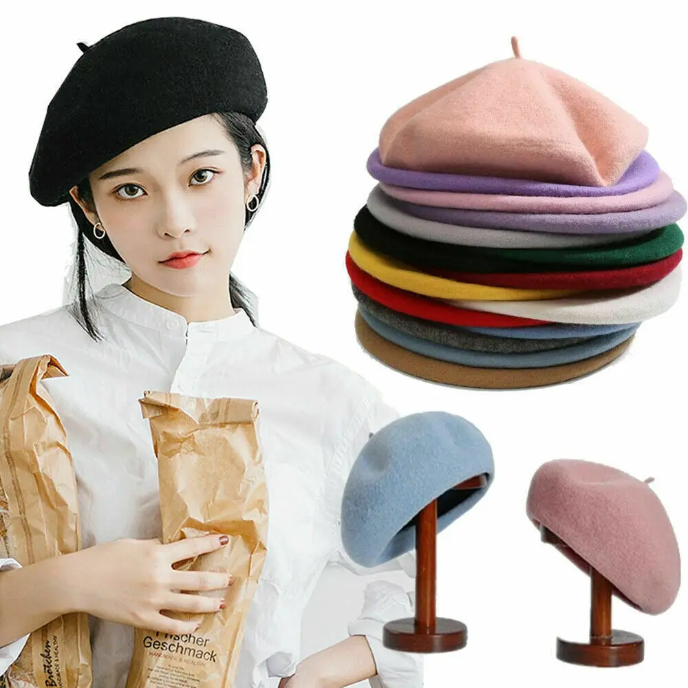 Women Girls Beret French Artist Warm Wool Winter Beanie Hat Retro Vintage Plain Beret Solid Color Elegant Ladies