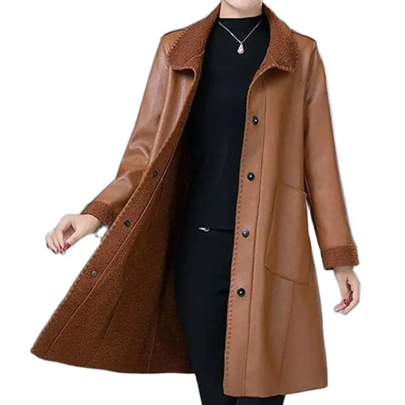 Women's Leather Jacket Mid-Length Mom Pretends To Be Autumn Winter Models All-Match Loose Add Fleece Women's Trench Coat