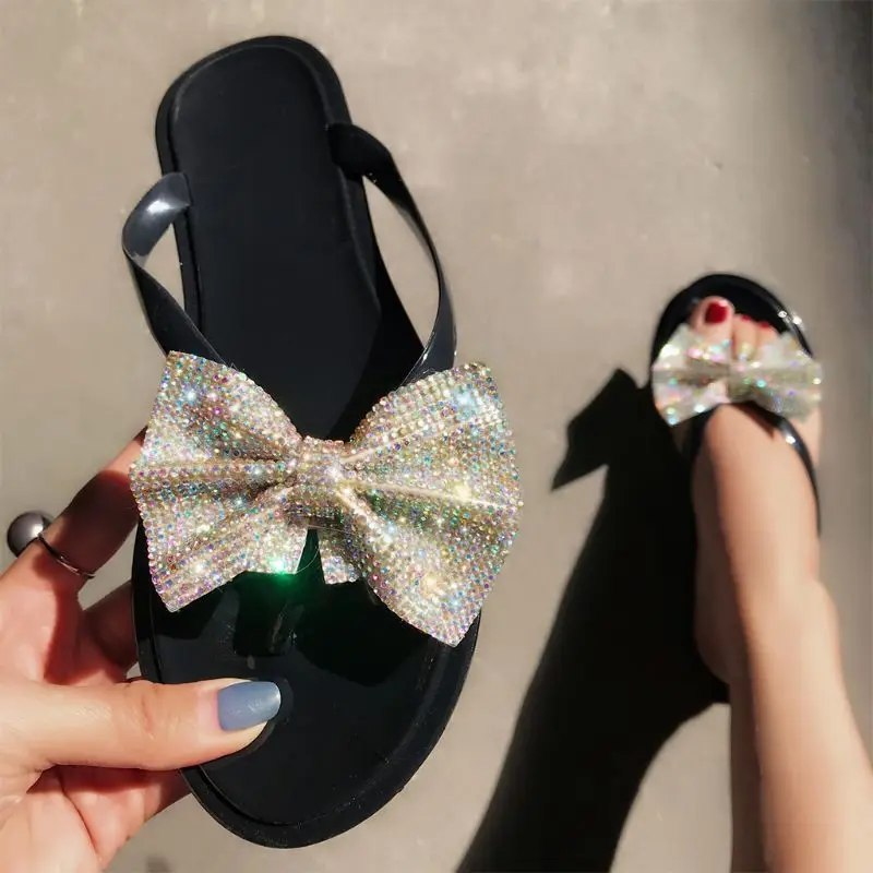 Women Shiny Rhinestone Bowknot Flip-Flops Colorful Jewelry Sequins Flat Sandals Summer Beach Jelly Clip Toe Slippers