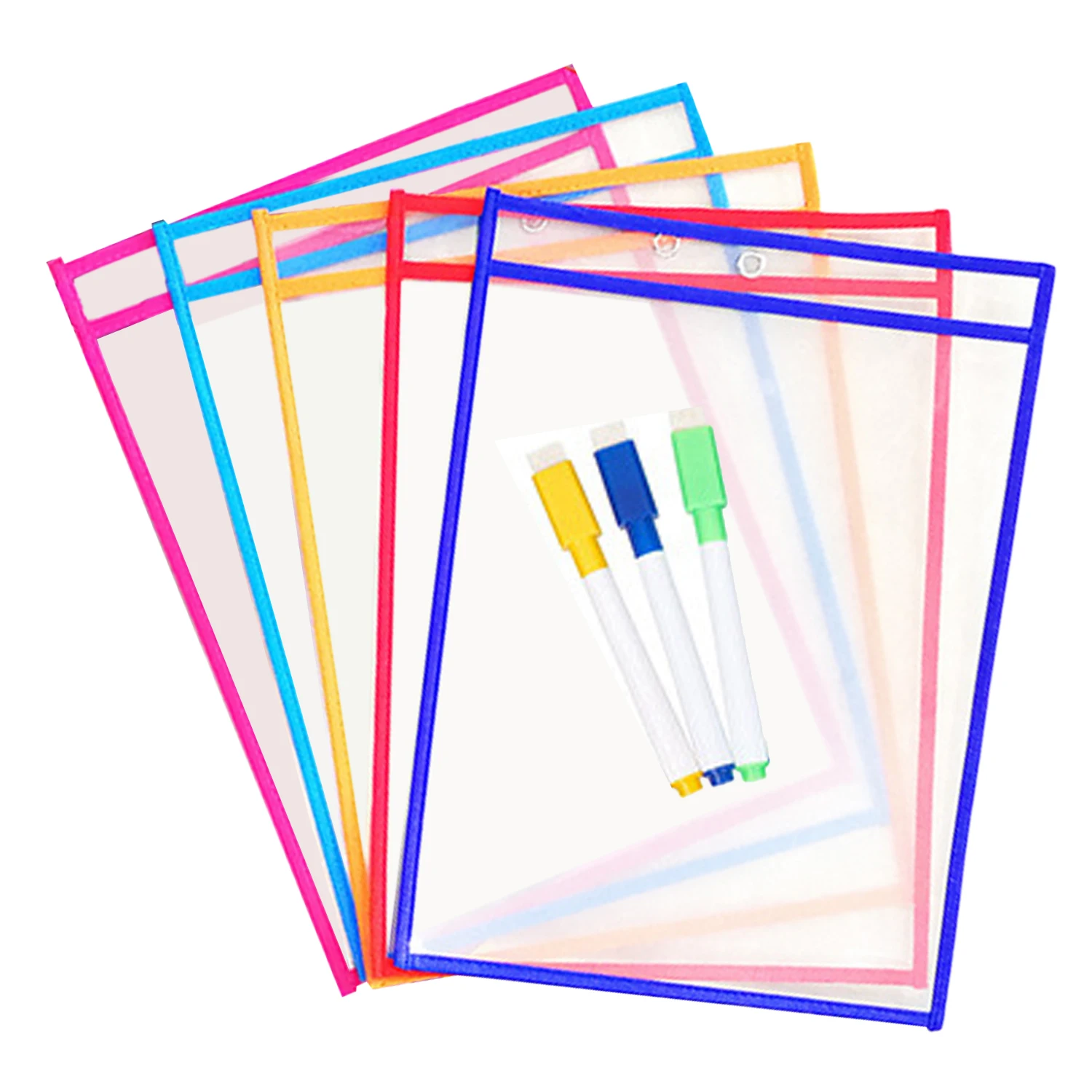 Reutilizáveis Limpar PVC Dry Erase Pockets, Canetas Mangas, Organização Sala de aula, Ensino Suprimentos, Cor Aleatória, 5pcs, 3pcs