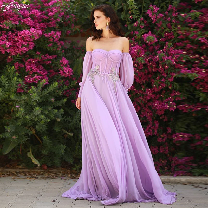 

Funyue Sweetheart Floral Embroidered Evening Dress A-Line Chiffon Off Shoulder Lilac Long Sleeve Prom Dresses Vestidos De Gala