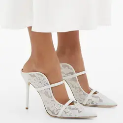 Pantofole donna tacchi alti sandali a punta dolce pizzo bianco scarpe col tacco sottili scarpe da sposa pantofole moderne pompe scivoli