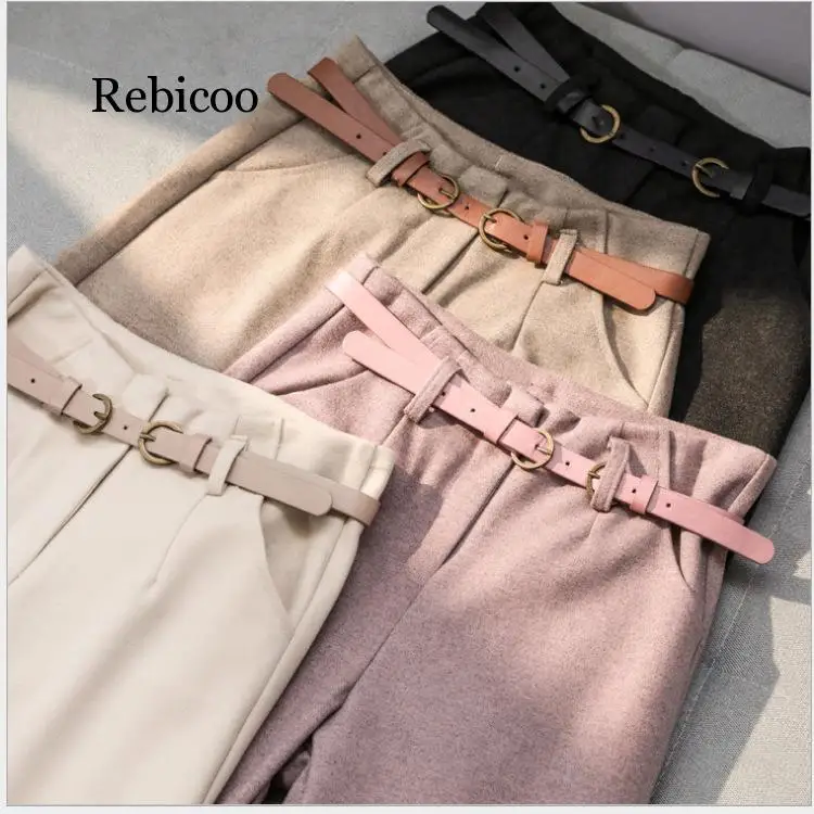 

Women Clothes Woolen Harem Pants Female Autumn and Winter Loose Korean High Waist Thin Nine Points Feet Flower Radish Pants