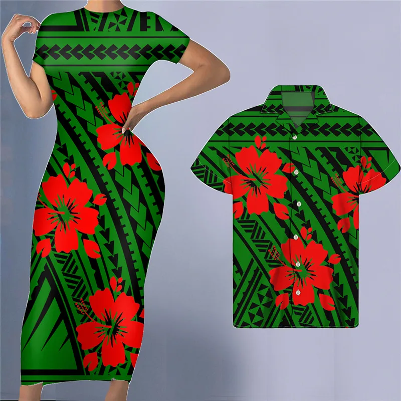 Noisydesigns 4XL Women Dresses With Shirt Polynesian Tropical Flowers Pattern Cuople Green Clothing Maxi Night Dresses 2022