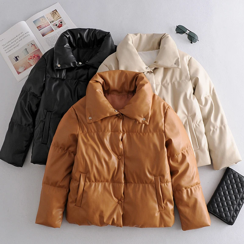 

Trendy New Winter Women Faux Leather Cotton Coat Casual Female Stand Collar Short Black Jacket Loose Thick Warm Outwear