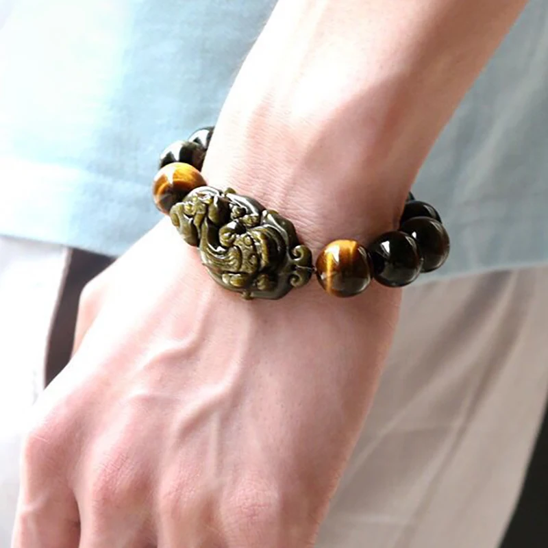 Natural Golden Obsidian Stone Bracelet Round Beads with Dream Pixiu Crystal Bracelets for Men Women Jewelry JoursNeige