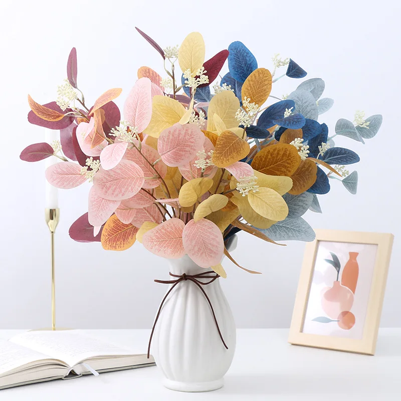 

5Pcs Simulation 3-forks Eucalyptus Leaf Artificial Plants Wedding Flower Arrangement Fake Plants with Fruit Home Decor Leaves