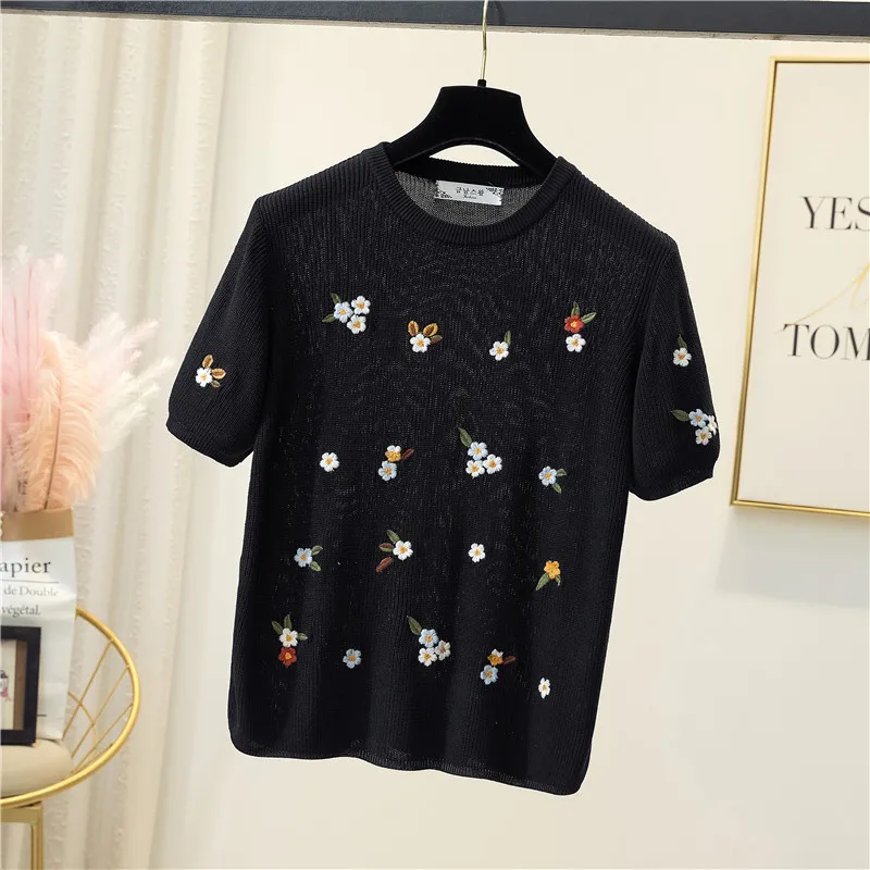 2021 new ladies pure cotton T-shirt round neck pullover short-sleeved casual knit top embroidery stitching sweater 4XL