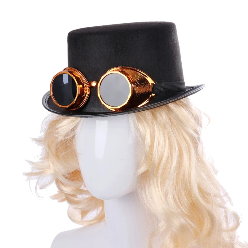 Victorian Steampunk Gothic Top Hat with Detachable Goggles Bowler Jazz Cap Halloween Cosplay Carnival Costume Accessory