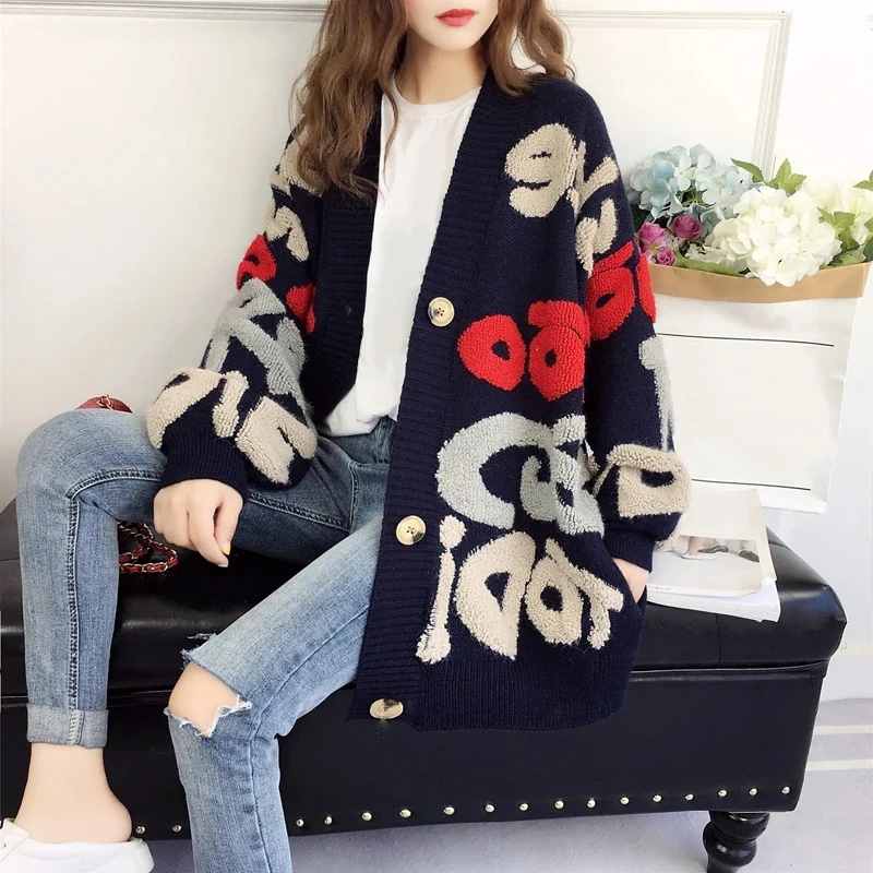 Letter Pattern Knitted Sweater Women Winter New Korean Oversized Long Sleeve Single Breasted Thick Fashion Loose Cardigan 2023