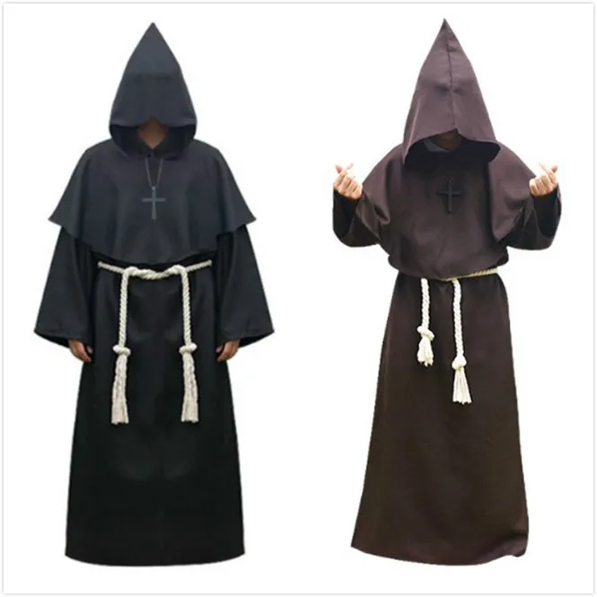 

Halloween Priest Friar Cloak Cape Comic Party Cosplay Scary Costumes Monk Wizard Witch Hooded Robes Medieval Renaissance Outfits