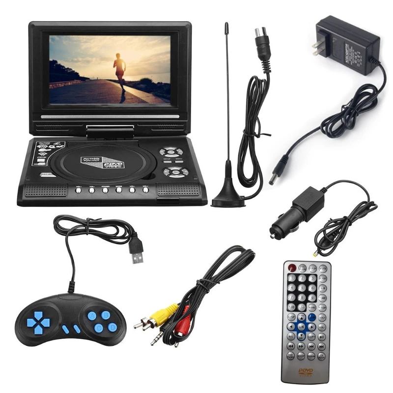 H052 Portable DVD Player 7'' Screen w/ AV Cable TV Projector Function Support USB Flash Drive SD Card Support AV-in/Out