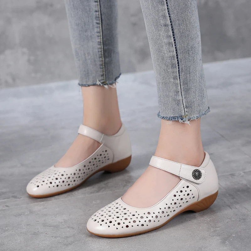 GKTINOO Genuine Leather Ladies Flat Summer Shoes Woman Slip On Casual Loafers Hollow Out Round Toe Soft Comfort Sandals Female