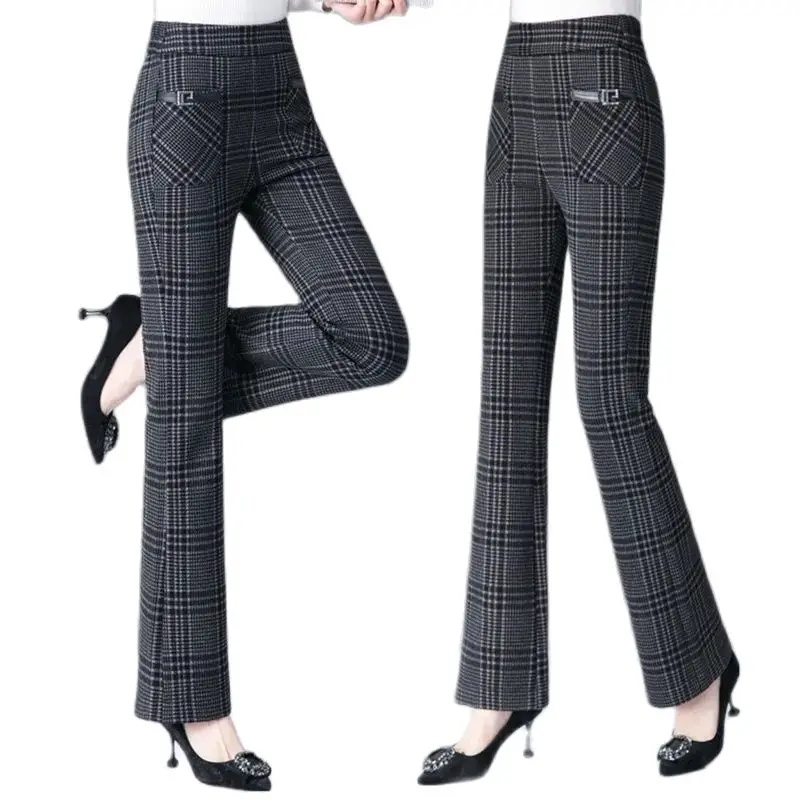 

High Waist Elasticity Casual Trumpet Pants Female Autumn Winter New Slim Show Thin Lattice Fashion Micro Trumpet Long Pants