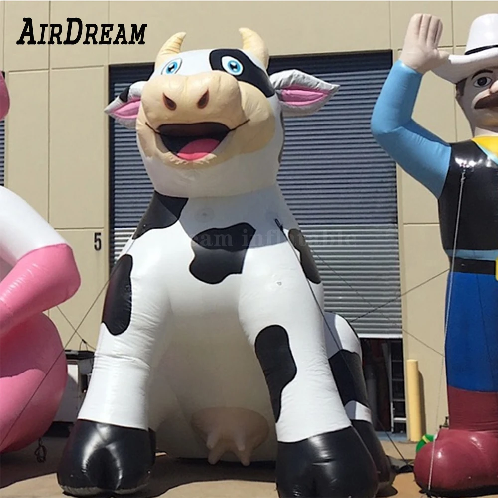 Outdoor sitting oxford inflatable holy cow caroon mascot with brand name for roof top promotion