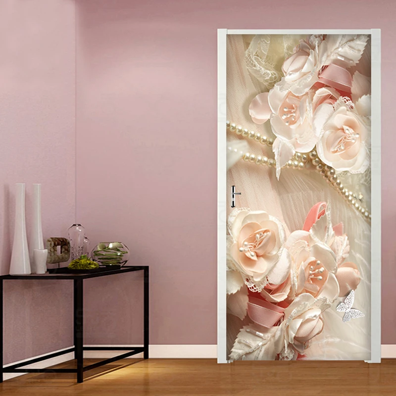 

Creative Pink Rose Flower Pearl 3D Door Stickers Custom Size PVC Self Adhesive Decal On the Doors Waterproof Poster For Bedroom