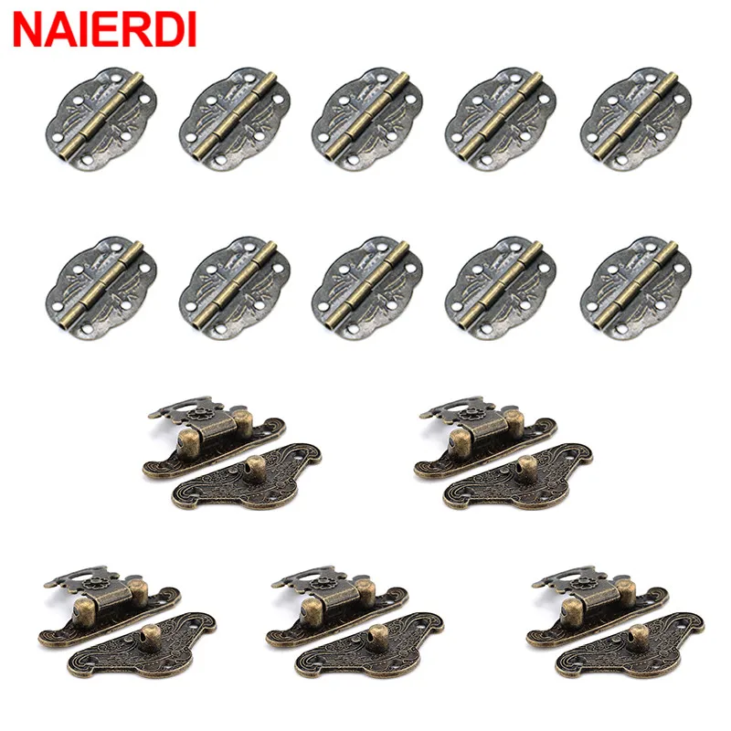 NAIERDI 5PCS Bronze Furniture Hardware Box Latch Hasp Locks + 10PCS Decorative Cabinet Hinges Butterfly Hinge Jewelry Wooden Box