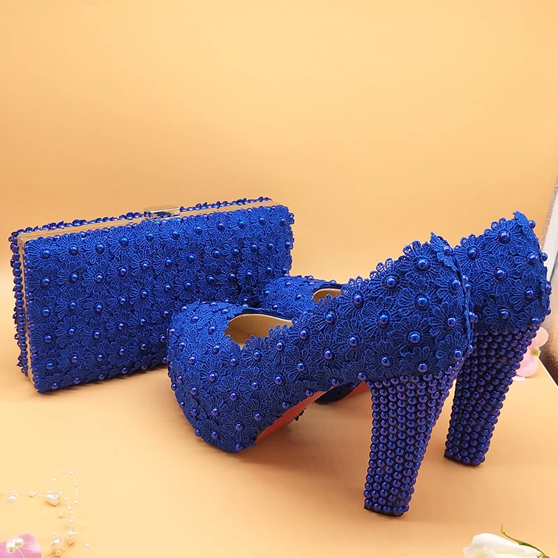 Love Moments Royal blue Flower Beads wedding shoes with matching bags Galosh Para Dress shoes woman high heels platform shoes