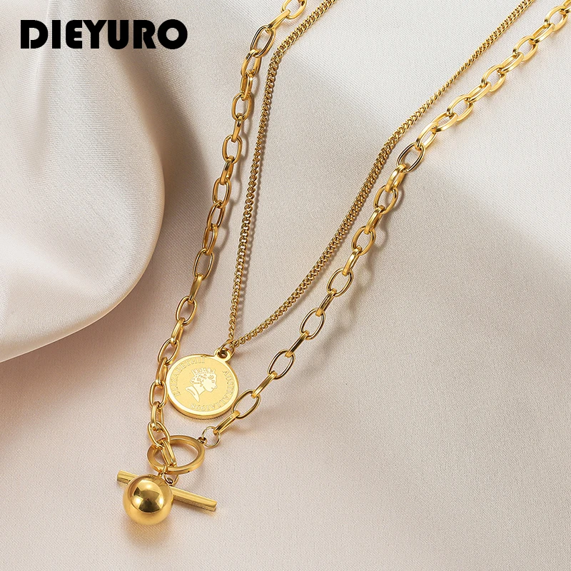 DIEYURO 316L Stainless Steel Double Layer Head Portrait Pendant Necklace Female Fashion Hip-hop Style Thick Chain OT Buckle