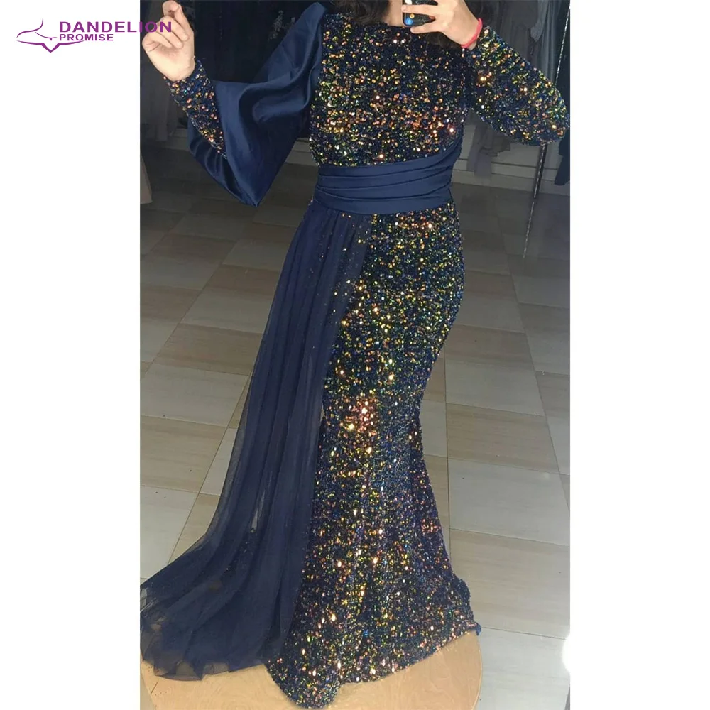 Vestido de noche de sirena de lujo para mujer, con tren desmontable, cuello redondo, mangas largas, lentejuelas, elegante, musulmán, para baile de graduación, 2021