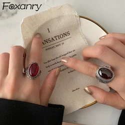 FOXANRY Silver Color Red Zircon Ring for Women Trendy Elegant Hollow Geometric Vintage Handmade Luxury Ring Party Jewelry