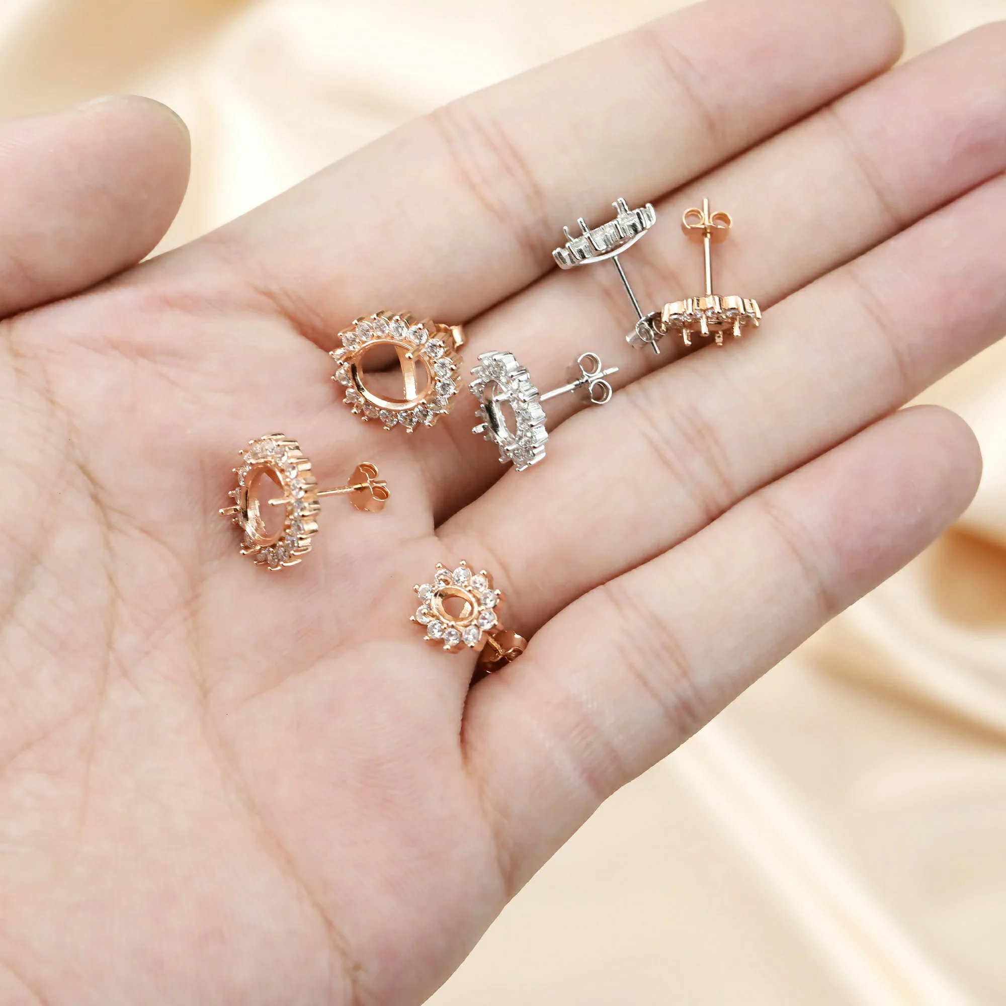 Multiple Size Oval Solid 925 Sterling Silver Rose Gold Tone DIY Prong Studs Earrings Settings Bezel with Cubic Zirconia 1706019