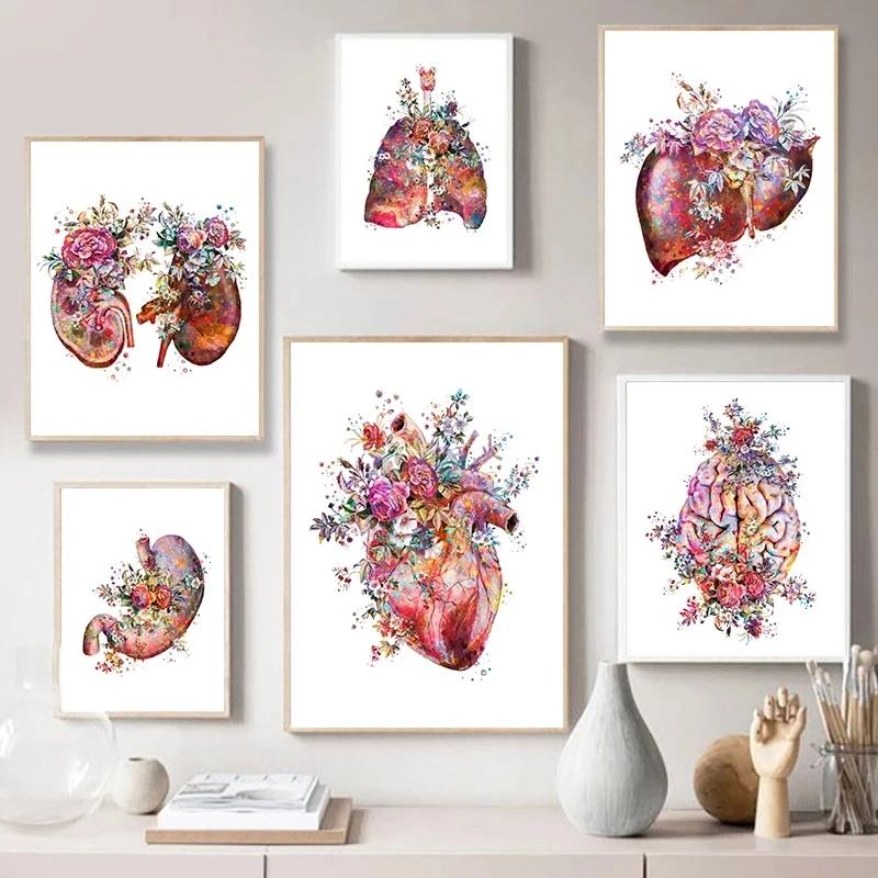 Colorful Anatomy Art Medical Canvas Painting Floral Organs Heart Lung Poster Print Education Hospital Wall Pictures Home Decor