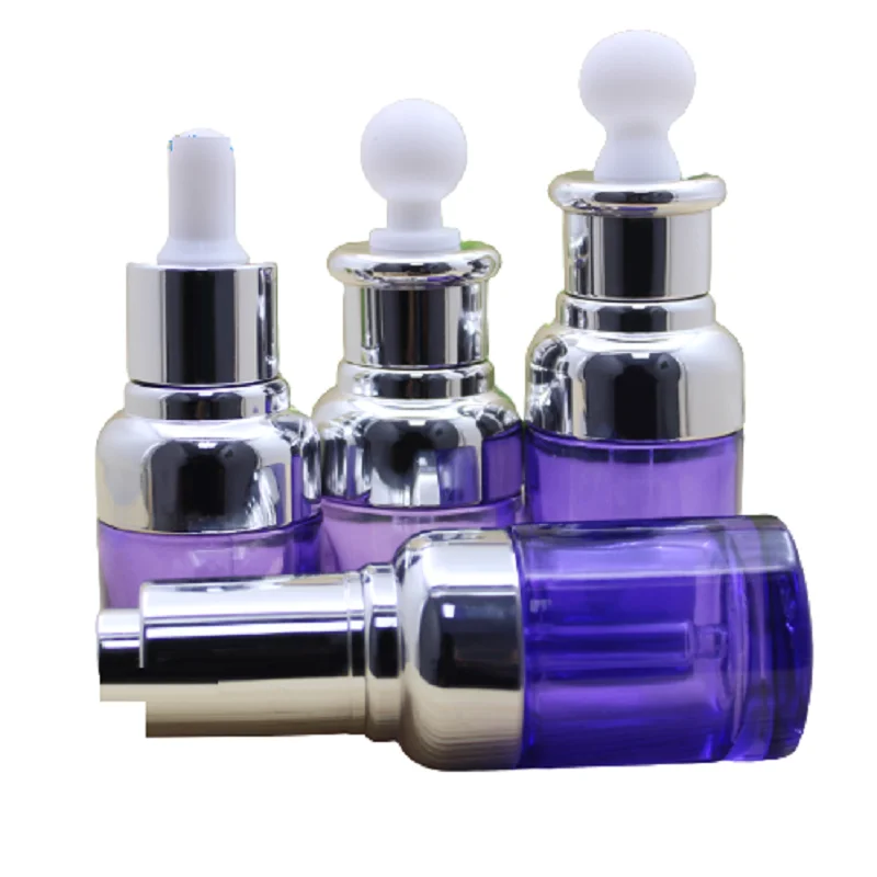 

15pcs Purple Clear Essential Oil Packaging Bottle Silver Lid White Top 20ml 30ml Empty Glass Cosmetic Dropper Refillable Vials