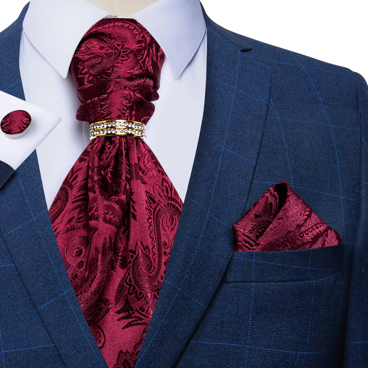 Burgundy Red Paisley Men Vintage Ascot Tie Wedding Formal Cravat Ascot Luxury Necktie Hanky Cufflinks Ring Set For Party DiBanGu